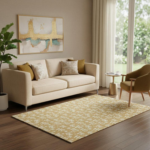 5' X 8' Gold And Ivory Abstract Geometric Washable Area Rug With UV Protection