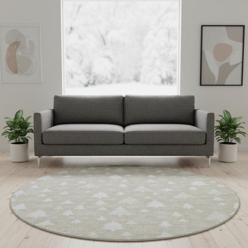 8' Beige And Ivory Abstract Geometric Washable Round Rug With UV Protection