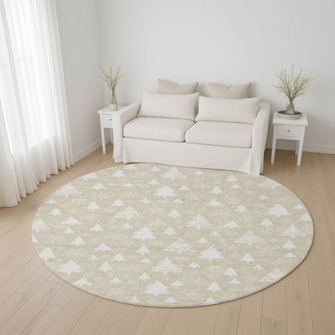 8' Beige And Ivory Abstract Geometric Washable Round Rug With UV Protection