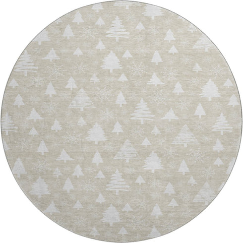 8' Beige And Ivory Abstract Geometric Washable Round Rug With UV Protection