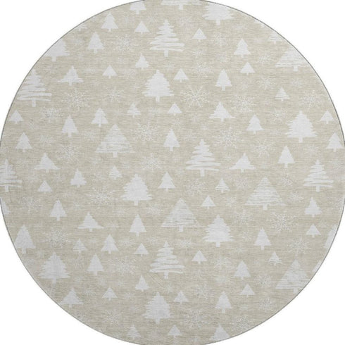 8' Beige And Ivory Abstract Geometric Washable Round Rug With UV Protection