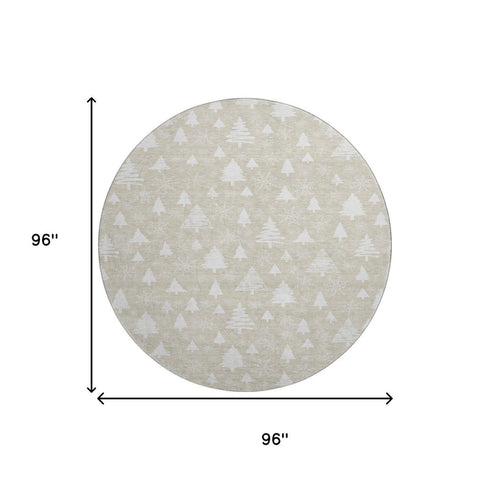 8' Beige And Ivory Abstract Geometric Washable Round Rug With UV Protection