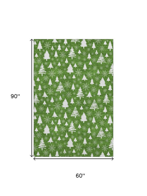 5' X 8' Emerald And Ivory Abstract Geometric Washable Area Rug With UV Protection