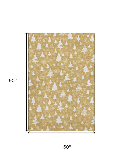 5' X 8' Gold And Ivory Abstract Geometric Washable Area Rug With UV Protection