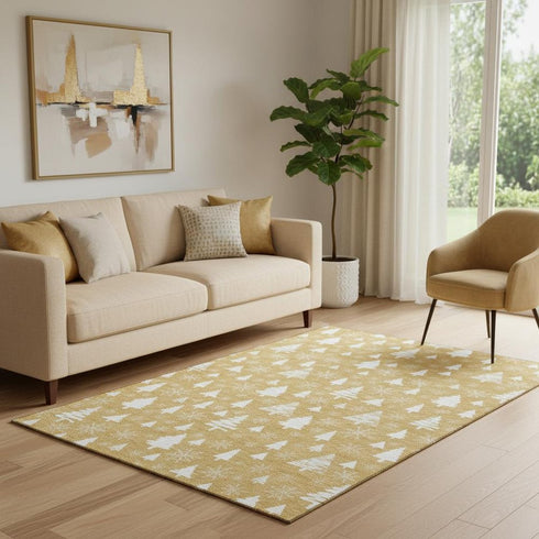 5' X 8' Gold And Ivory Abstract Geometric Washable Area Rug With UV Protection