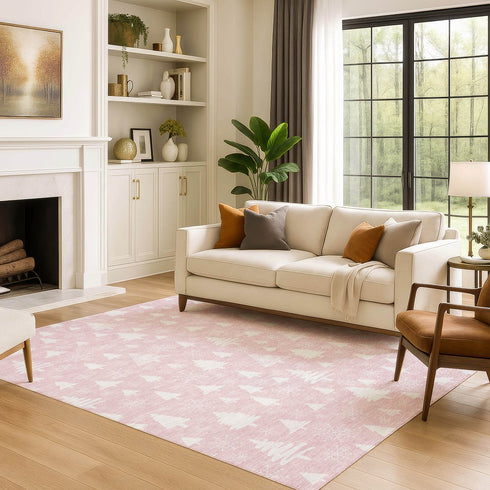 9' X 12' Pink And Ivory Abstract Geometric Washable Area Rug With UV Protection