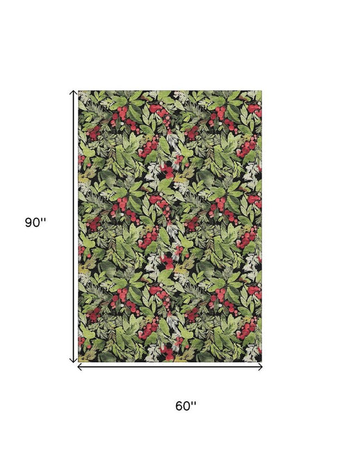 5' X 8' Black Red And Green Abstract Geometric Washable Area Rug With UV Protection