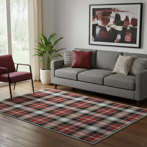 5' X 8' Black Red And White Abstract Geometric Washable Area Rug With UV Protection