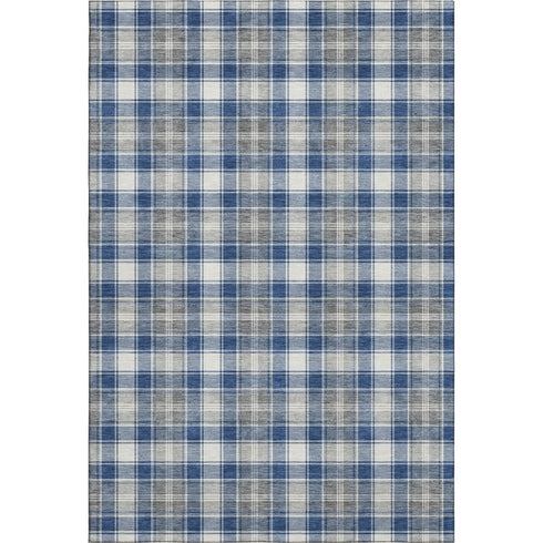 5' X 8' Navy Blue Ivory And Gray Abstract Geometric Washable Area Rug With UV Protection