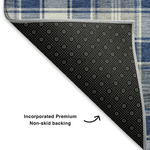 5' X 8' Navy Blue Ivory And Gray Abstract Geometric Washable Area Rug With UV Protection