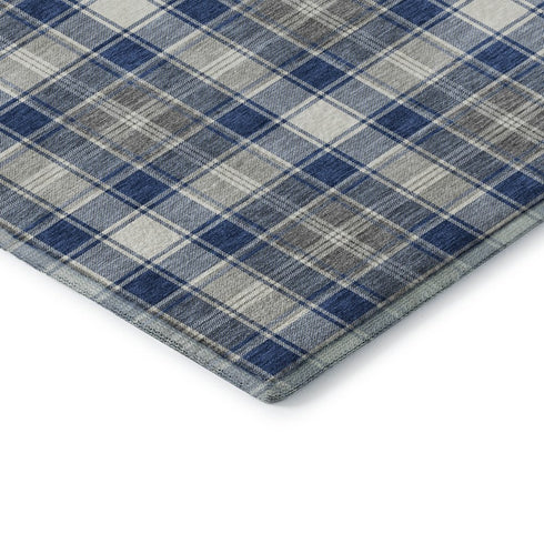 5' X 8' Navy Blue Ivory And Gray Abstract Geometric Washable Area Rug With UV Protection
