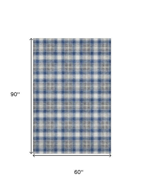 5' X 8' Navy Blue Ivory And Gray Abstract Geometric Washable Area Rug With UV Protection