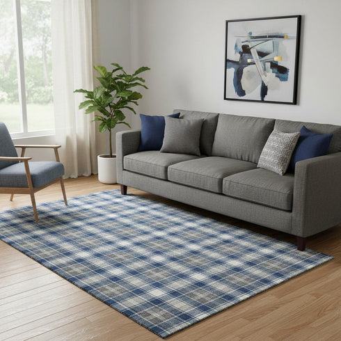 5' X 8' Navy Blue Ivory And Gray Abstract Geometric Washable Area Rug With UV Protection