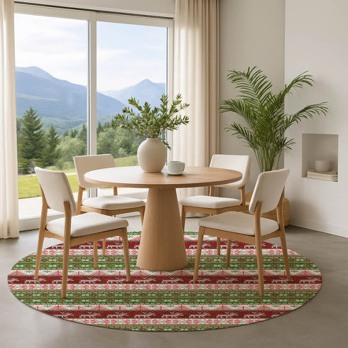 8' Green Ivory And Red Abstract Geometric Washable Round Rug With UV Protection
