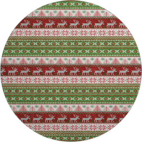 8' Green Ivory And Red Abstract Geometric Washable Round Rug With UV Protection