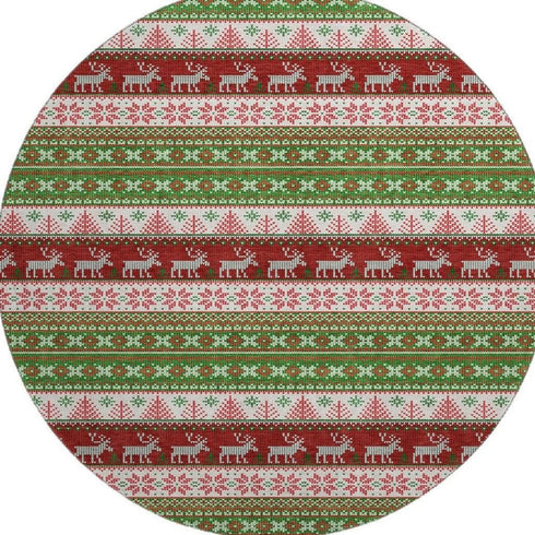 8' Green Ivory And Red Abstract Geometric Washable Round Rug With UV Protection