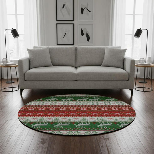 8' Red Green And Ivory Abstract Geometric Washable Round Rug With UV Protection