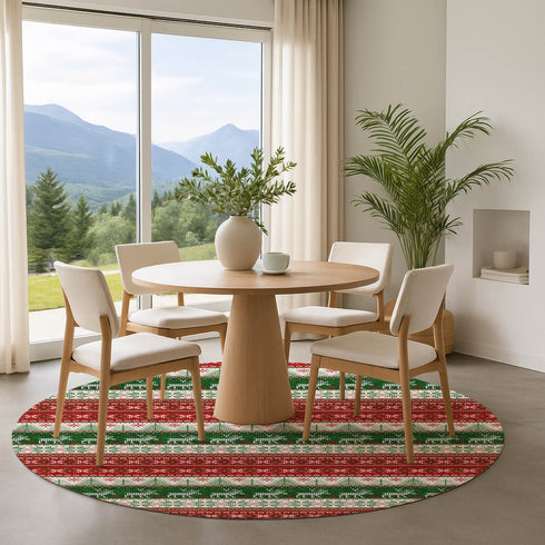 8' Red Green And Ivory Abstract Geometric Washable Round Rug With UV Protection