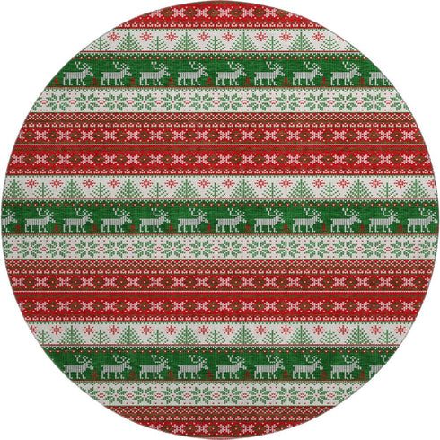 8' Red Green And Ivory Abstract Geometric Washable Round Rug With UV Protection