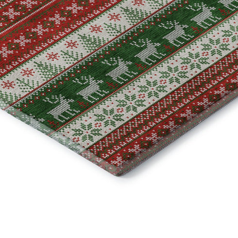 8' Red Green And Ivory Abstract Geometric Washable Round Rug With UV Protection