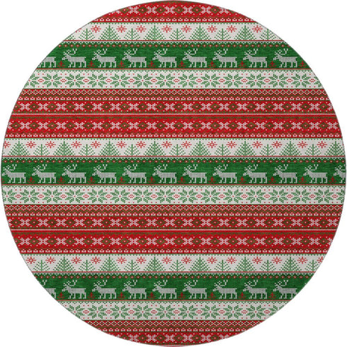 8' Red Green And Ivory Abstract Geometric Washable Round Rug With UV Protection