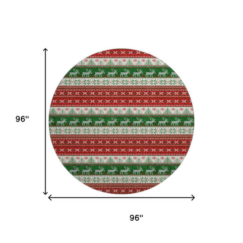 8' Red Green And Ivory Abstract Geometric Washable Round Rug With UV Protection
