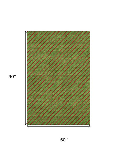5' X 8' Fern Green And Red Abstract Geometric Washable Area Rug With UV Protection