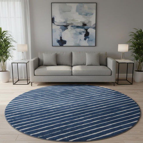 8' Navy Blue And Ivory Abstract Geometric Washable Round Rug With UV Protection