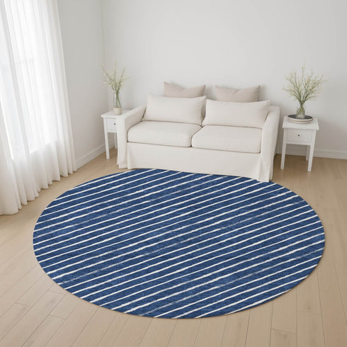 8' Navy Blue And Ivory Abstract Geometric Washable Round Rug With UV Protection