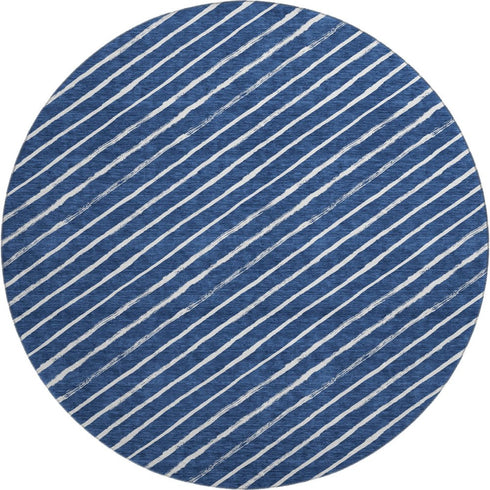 8' Navy Blue And Ivory Abstract Geometric Washable Round Rug With UV Protection