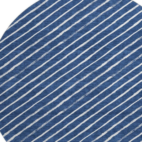 8' Navy Blue And Ivory Abstract Geometric Washable Round Rug With UV Protection