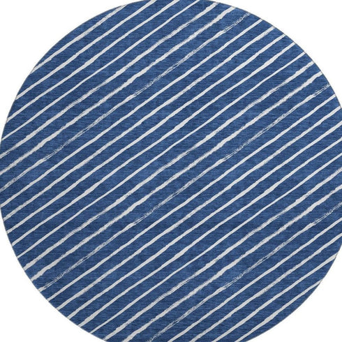 8' Navy Blue And Ivory Abstract Geometric Washable Round Rug With UV Protection