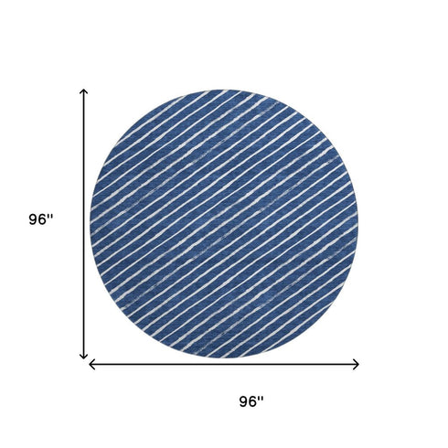 8' Navy Blue And Ivory Abstract Geometric Washable Round Rug With UV Protection