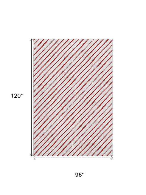 8' X 10' Red And White Abstract Geometric Washable Area Rug With UV Protection