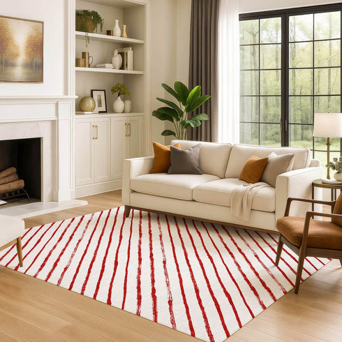 8' X 10' Red And White Abstract Geometric Washable Area Rug With UV Protection