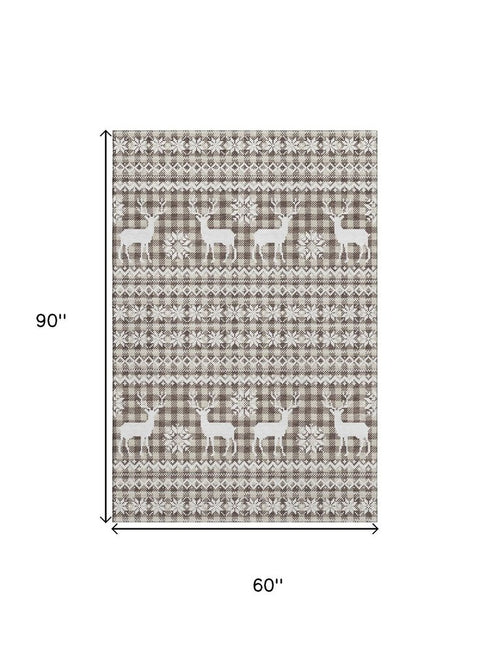 5' X 8' Brown And Ivory Abstract Geometric Washable Area Rug With UV Protection