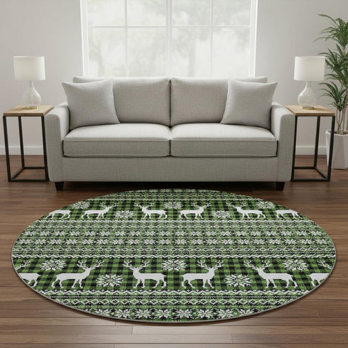 8' Green Ivory And Black Abstract Geometric Washable Round Rug With UV Protection