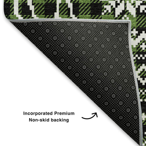 8' Green Ivory And Black Abstract Geometric Washable Round Rug With UV Protection