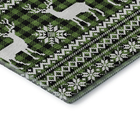 8' Green Ivory And Black Abstract Geometric Washable Round Rug With UV Protection