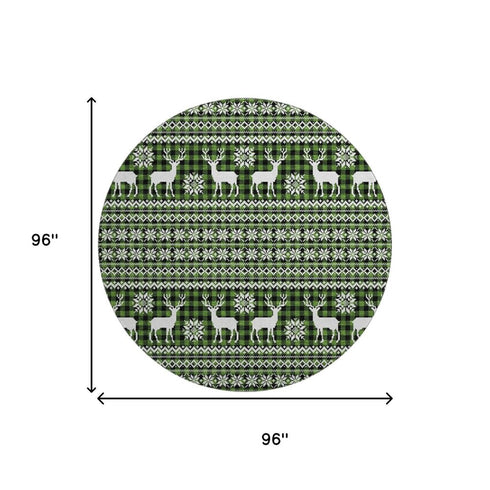 8' Green Ivory And Black Abstract Geometric Washable Round Rug With UV Protection