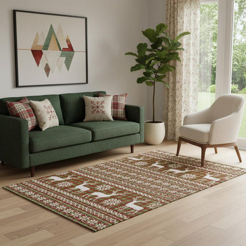 5' X 8' Fern Green Red And Ivory Abstract Geometric Washable Area Rug With UV Protection
