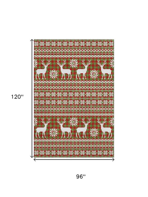 8' X 10' Fern Green Red And Ivory Abstract Geometric Washable Area Rug With UV Protection
