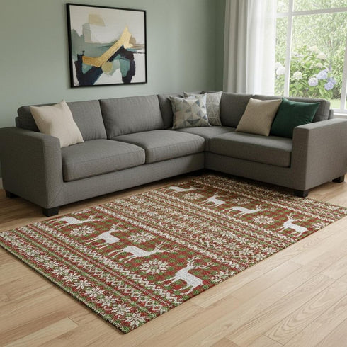 8' X 10' Fern Green Red And Ivory Abstract Geometric Washable Area Rug With UV Protection