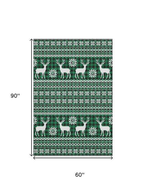 5' X 8' Green Black And Ivory Abstract Geometric Washable Area Rug With UV Protection