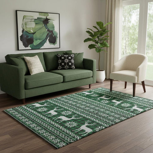 5' X 8' Green Black And Ivory Abstract Geometric Washable Area Rug With UV Protection