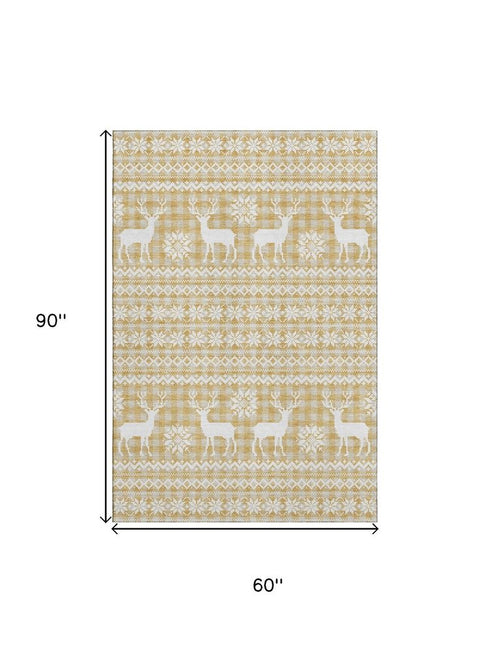 5' X 8' Gold Gray And Ivory Abstract Geometric Washable Area Rug With UV Protection