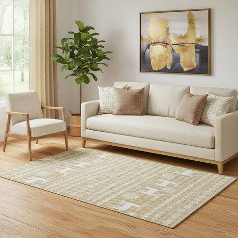 5' X 8' Gold Gray And Ivory Abstract Geometric Washable Area Rug With UV Protection
