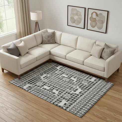 9' X 12' Gray Black And Ivory Abstract Geometric Washable Area Rug With UV Protection