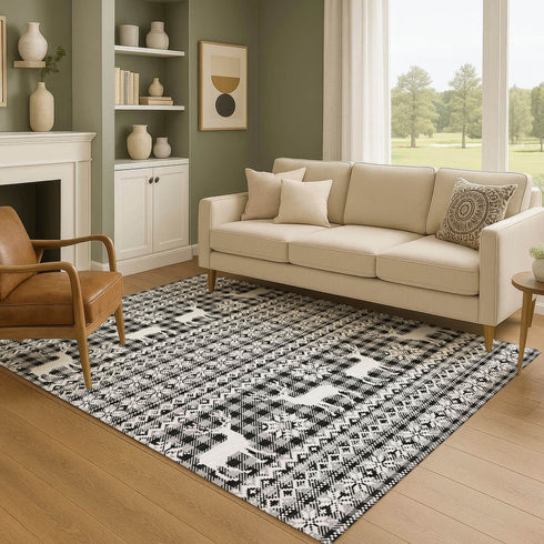 9' X 12' Gray Black And Ivory Abstract Geometric Washable Area Rug With UV Protection