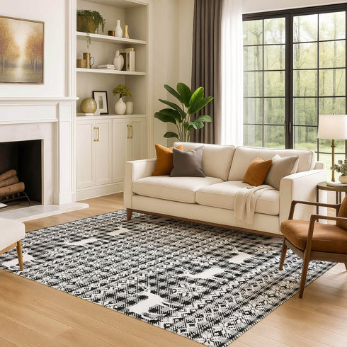 9' X 12' Gray Black And Ivory Abstract Geometric Washable Area Rug With UV Protection